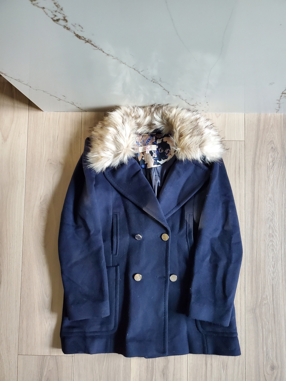 Eliza J Wool‎ Pea Coat Womens 12 Navy Double-Breasted Faux Fur Trim Jacket